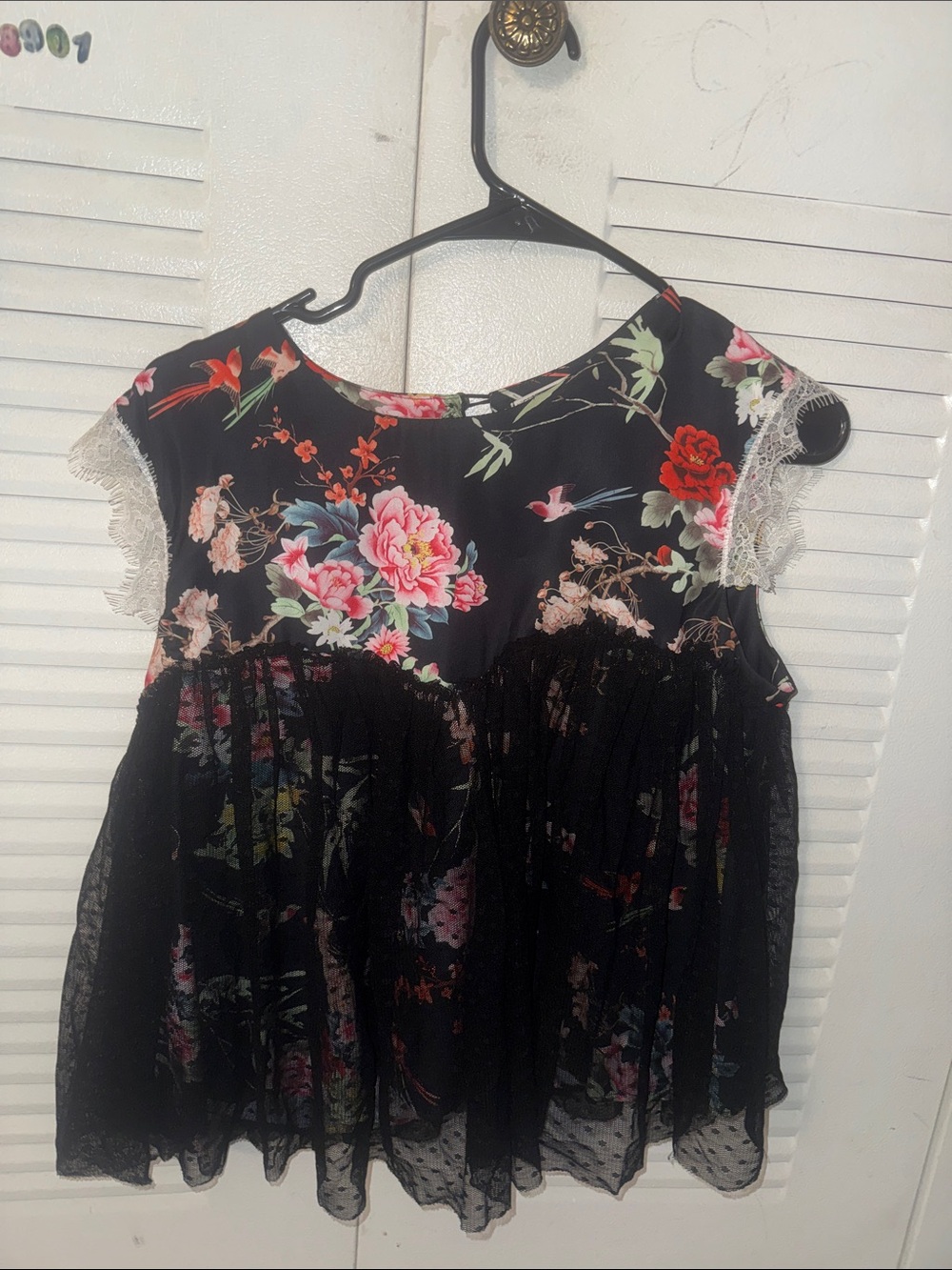Black Floral Lace-Trim Peplum Top - Women
